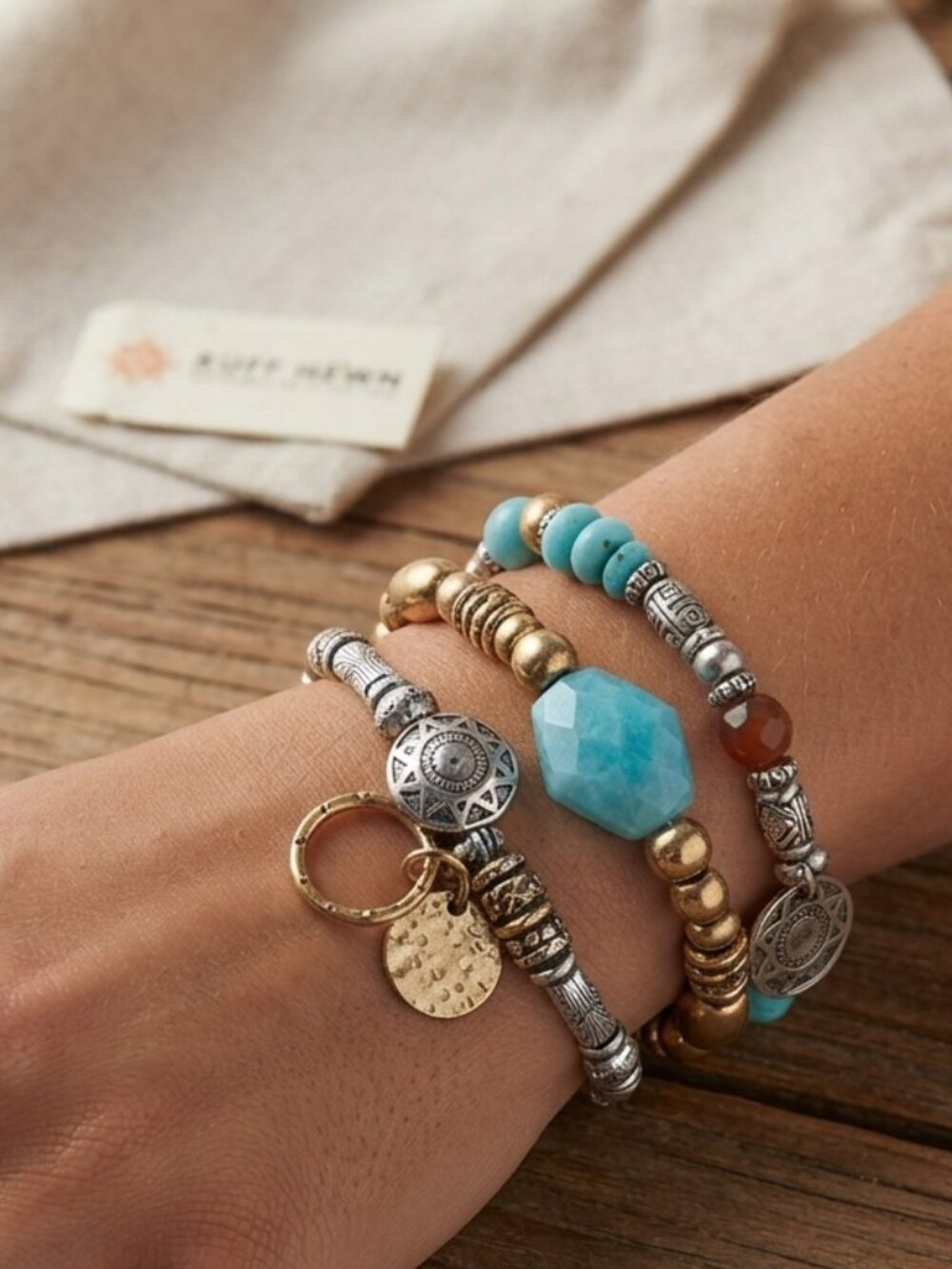 Ruff hewn 3pc boho stretch charm  bracelet gold , silver. aqua